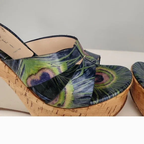 Casadei Italian Blue And Green Wedge Sandals - Picture 4 of 12